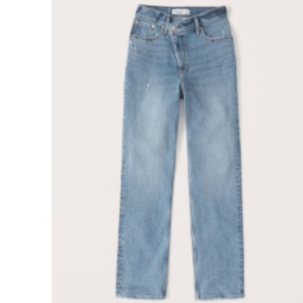 Abercrombie 90s Straight Ultra High Rise Crossover Waist 28 Long Medium Blue